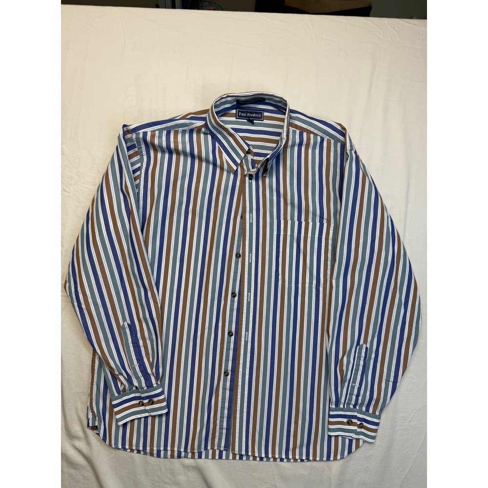 Paul Fredrick Cotton Shirt Mens Large Green Blue Tan Stripe Button‎ Up Casual